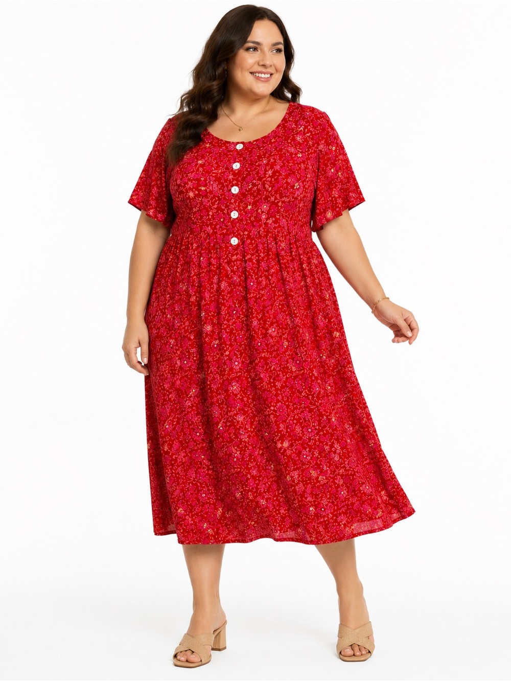 Liz Baker Vtg. 90’s Red Floral Midi Dress Tie Back Short Sleeve Plus Size 2X Est